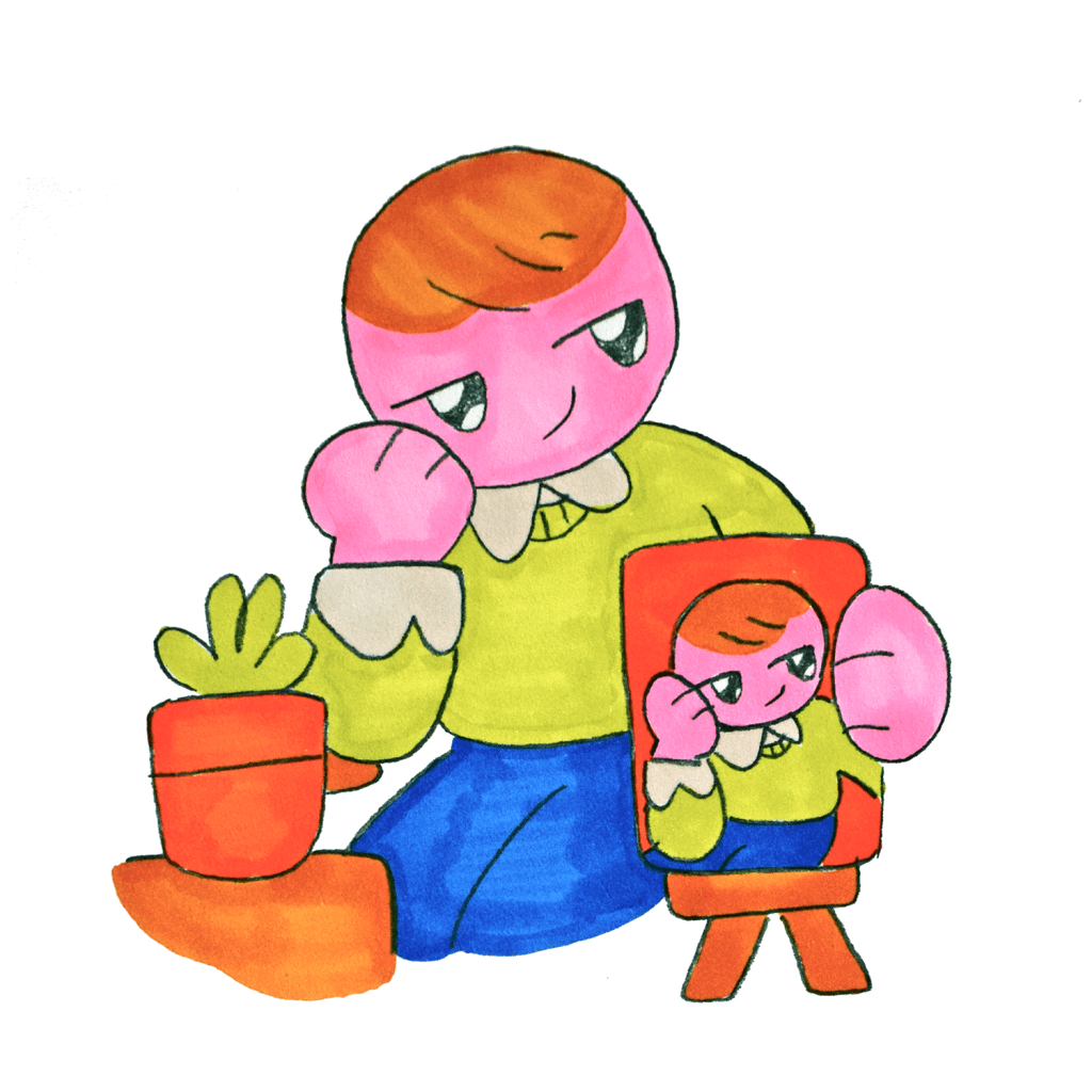 Pink illustration of Cam posing like the "about the author" section of a book with a green sweater and a hand resting on their chin, holding a photo of the same exact pose they're doing. Next to Cam is a small potted plant on a table.