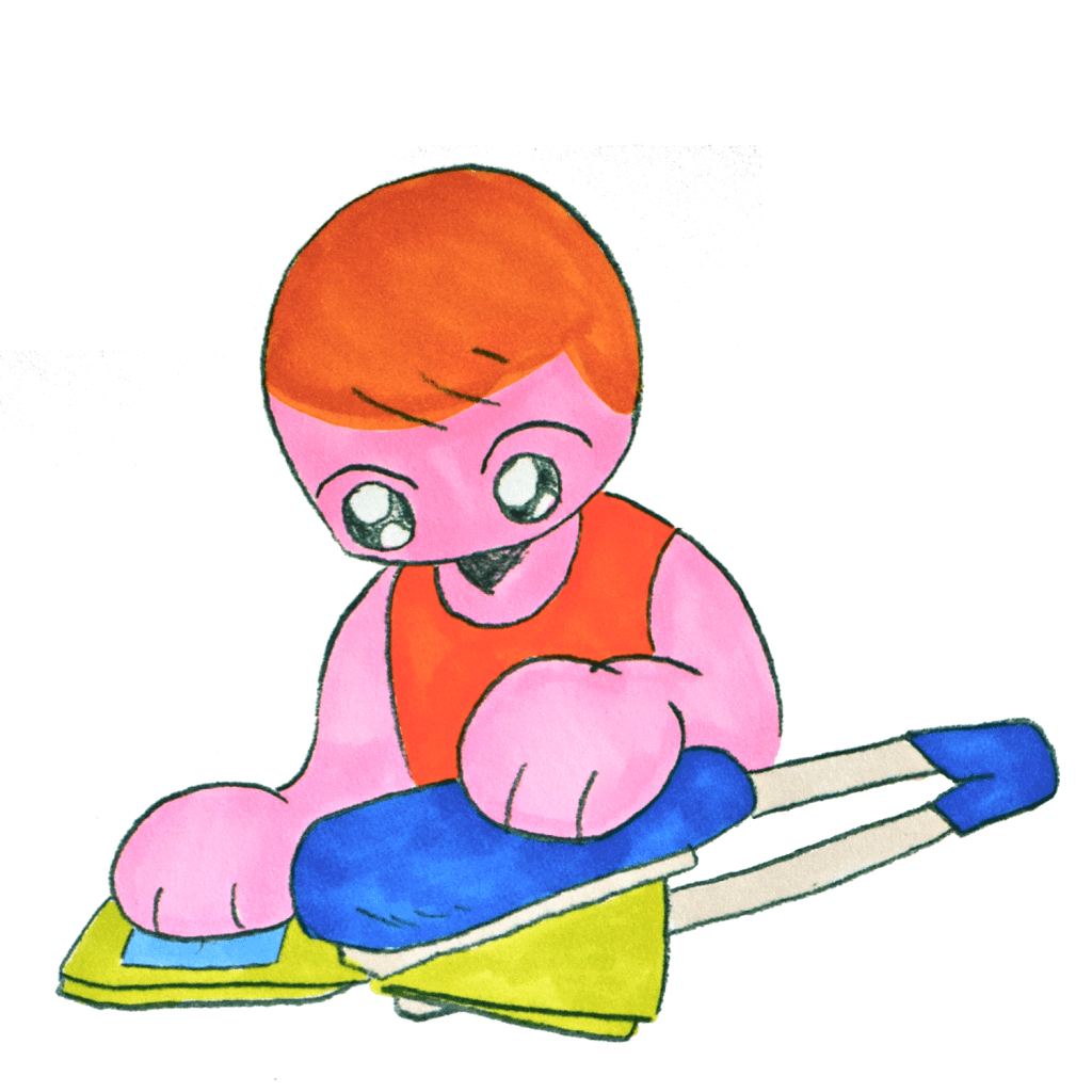 A pink illustration of Cam uses a long-armed stapler to assemble a zine with a green cover. Cam wears an orange tank top; it's hard work!