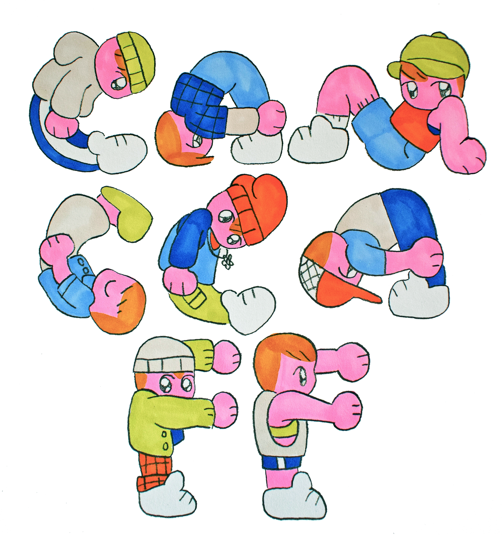 Round, pink illustrations of Cam all pose to form the letters of "camccaff."