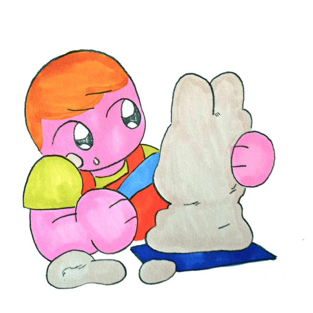 A pink illustration of Cam with clay on his face uses a plastic knife to shape some clay on a blue mat. The clay is becoming a bunny. More bits of clay float on the table next to the project.